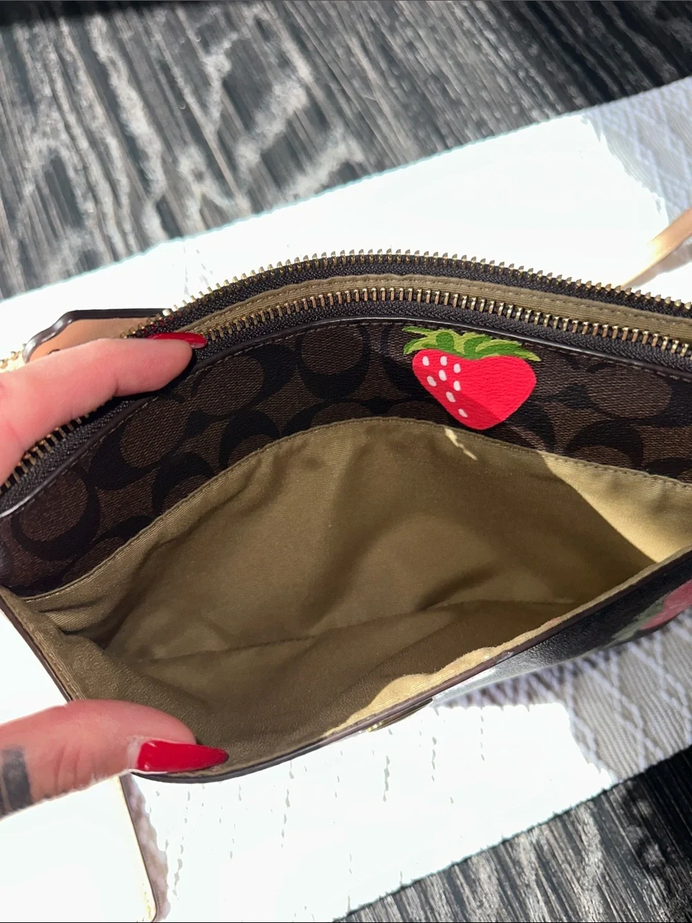 Coach Duo Dark Brown Signature Strawberries Coated Leather Crossbody Bag & Pouch